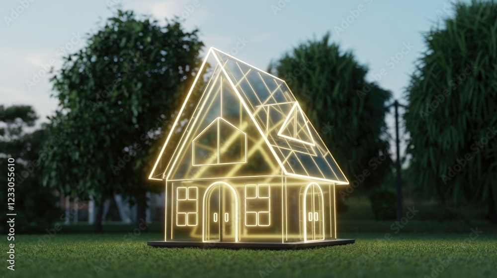 Poster glowing outline of a house in a tranquil green landscape, symbolizing new home dreams and modern arc