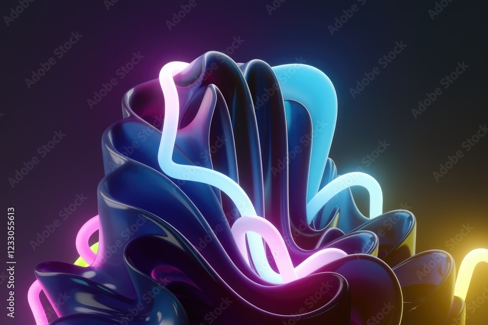 Poster abstract 3d rendering of a dark blue, glossy, wave-like form with vibrant neon light tubes.