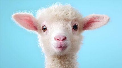 Cute lamb portrait, blue background, spring, farm animal