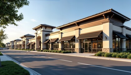Modern shopping plaza on sunny day. Retail buildings line street with awnings. Landscaping includes trees, low plants. Highway visible in background. Open air design. Bright sunlight suggests