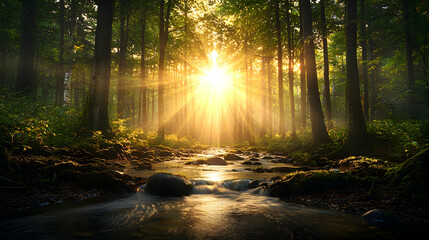 Fototapeta premium Sunrise in misty forest, stream flows, nature scene, peaceful background, ideal for travel