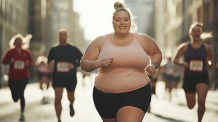 Confident plus-size woman leading city marathon with determination and joyful spirit