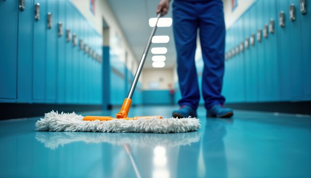 Janitorial staff member in blue uniform mops school hallway. Person cleans blue hallway with white mop. Maintenance worker takes care of hygiene in institution. Routine premise work with locker