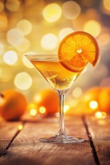 Cocktail glass with orange slice, festive drink served on wooden table, blurred bokeh background, perfect for celebrations, parties, or summer gatherings.