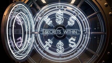 A vault door with neon signs displaying dollar signs and the words 'Secrets Within'.