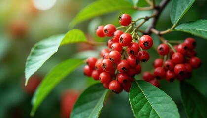 Close-up view of ripe red berries clustered on branch. Green leaves surround berries. Image highlights freshness, natural beauty of fruit. Focus on individual berries, vibrant color, texture. Nature