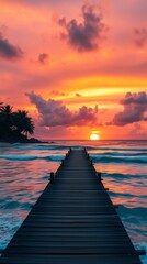 Obraz premium cinematic style photograph. Tropical beach sunset, wooden jetty extending into the ocean.
