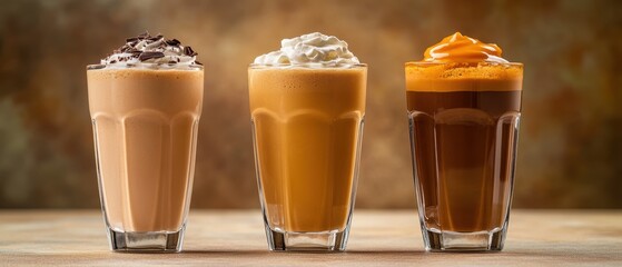 Coffee drinks in clear glasses featuring different flavors and textures, perfect for dessert cafes and beverage menus, including mocha, caramel, and chocolate options.
