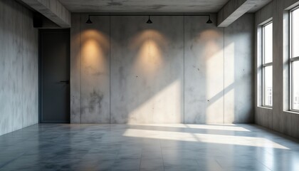 Obraz premium Empty modern loft interior with concrete walls and floor. Soft light from spotlights and windows casts shadows on the floor. Modern design style. Empty space ready for furniture.