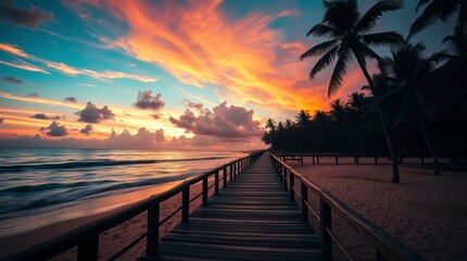 Fototapeta premium cinematic style photograph. Tropical beach sunset, wooden jetty extending into the ocean.