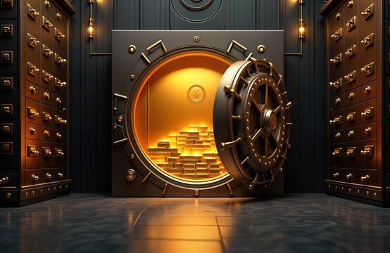 Huge bank vault with open door. Inside vault gold bars. Money visible also. Gold vault features golden walls. Gold stacks seen. Secure space holds monetary assets. Financial security emphasized.