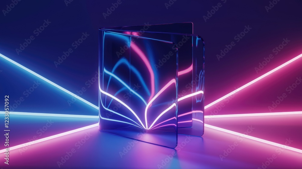 Poster reflective glass structure illuminated by vibrant pink and blue neon lights creating a futuristic, a