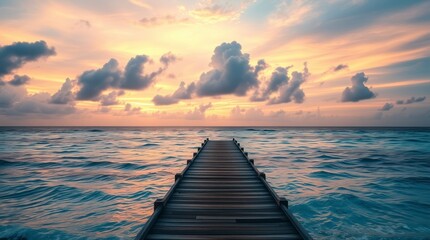 Naklejka premium cinematic style photograph. Tropical beach sunset, wooden jetty extending into the ocean.