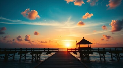 Fototapeta premium cinematic style photograph. Tropical beach sunset, wooden jetty extending into the ocean.