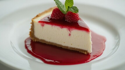 A slice of decadent cheesecake topped with a layer of raspberry sauce and a mint leaf, placed on a plain white plate, Slice centered with a slightly angled view