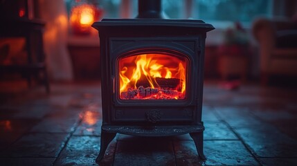 Wood burning stove ablaze in cozy home on winter evening