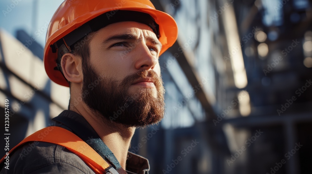 Poster construction worker in hard hat observing site progress with focus on safety and project management 