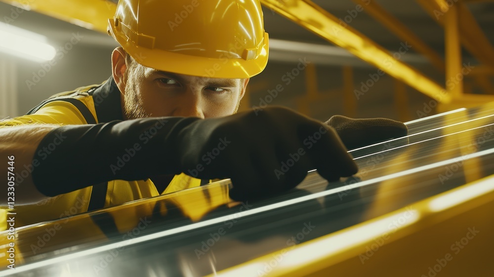Poster construction worker in hard hat inspecting metal beams in industrial setting for safety and quality 