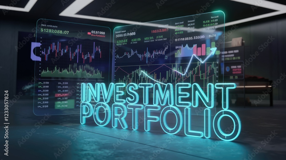 Poster Investment portfolio visualized with glowing neon text and dynamic financial charts displaying market data and growth trends.