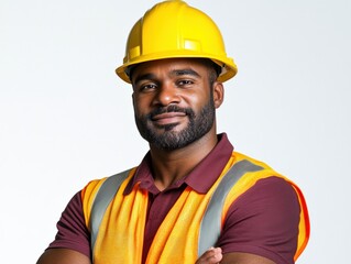 confident construction worker in safety vest and hard hat