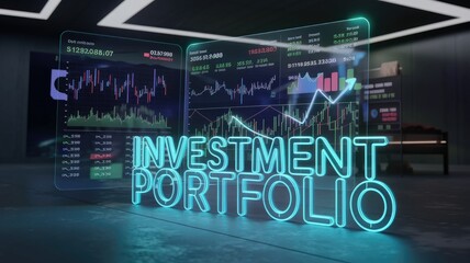 Fototapeta premium Investment portfolio visualized with glowing neon text and dynamic financial charts displaying market data and growth trends.