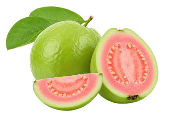 A close-up view of a fresh green guava with leaves, accompanied by a sliced guava revealing its pink flesh and seeds isolated on transparent background