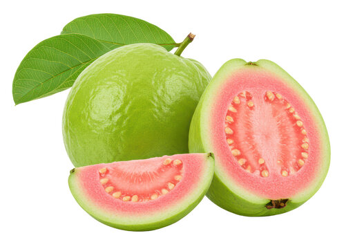 A close-up view of a fresh green guava with leaves, accompanied by a sliced guava revealing its pink flesh and seeds isolated on transparent background