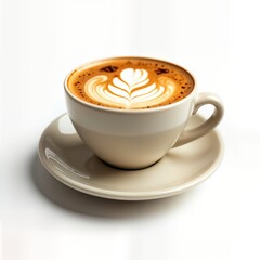 Creamy cappuccino in stylish ceramic cup. Beautiful latte art design visible on top. Cup sits on matching saucer against clean white background. Trendy hot drink perfect for cafes restaurants. Close