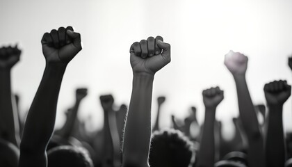 Diverse group raises fists in air. Powerful symbol of solidarity, protest for rights. Energetic movement calling for change. People united in strength, support. Visual represents social justice