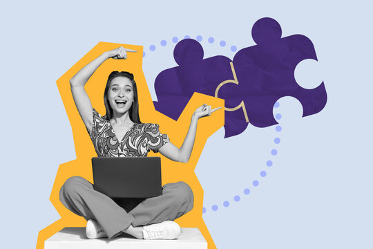 Composite art 3d creative image collage of happy businesswoman hold laptop freelancer job point puzzle element match jigsaw