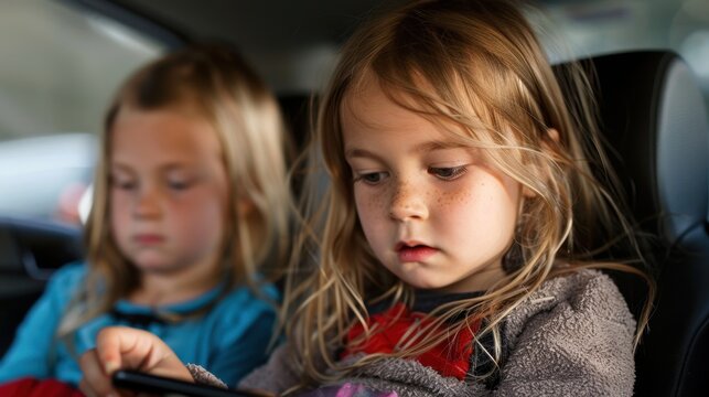Young children focused on digital device in car setting. Distracted Driving Awareness Month