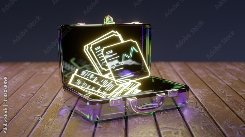 Poster a glowing briefcase reveals digital documents and a financial graph, symbolizing data security and m