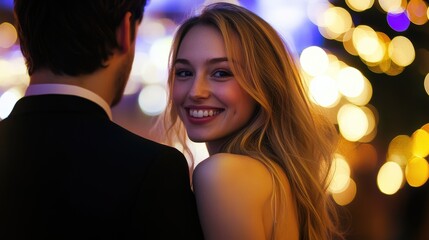 Couple enjoying a romantic evening together, smiling and celebrating under twinkling lights, capturing the essence of love and connection during an intimate moment.