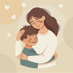 Mother's day. Loving Mother Hugging Her Son in Warm Embrace. 