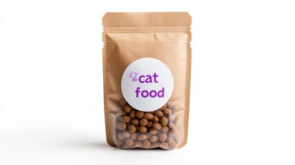 brown kraft paper pouch bag mockup with round label filled with cat food isolated on white background