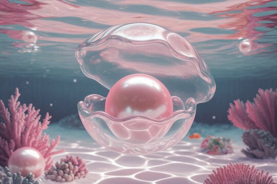 A large pink pearl rests inside a translucent seashell on the ocean floor, surrounded by coral.