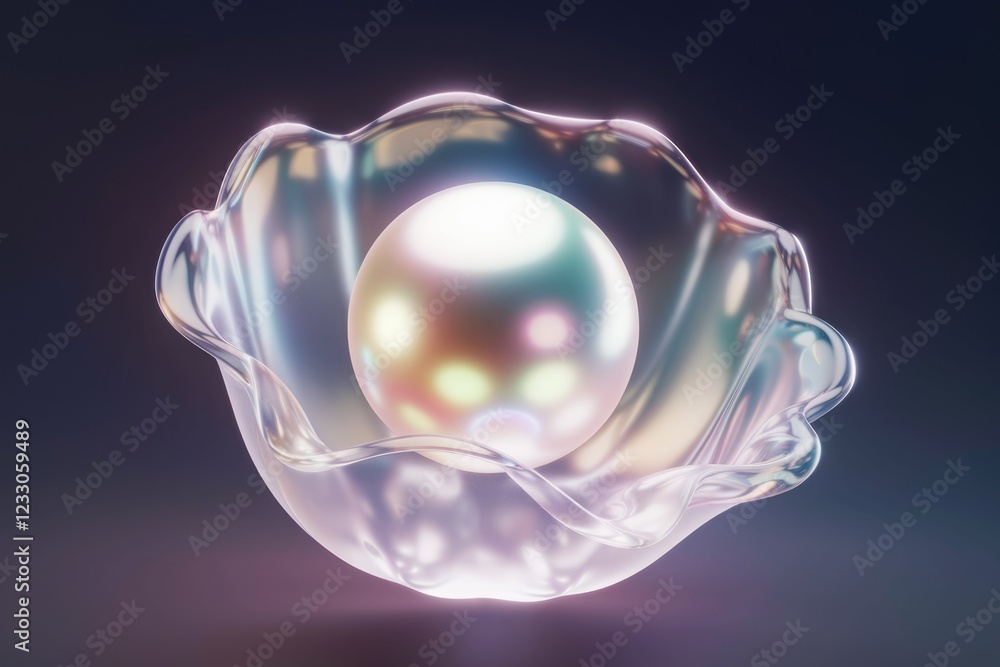 Poster A iridescent pearl rests inside a translucent, wavy shell-like form, creating a captivating visual.