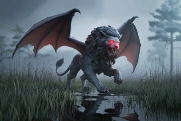 A majestic winged lion with glowing red eyes stalks through a misty marsh, a mythical creature of power and mystery.