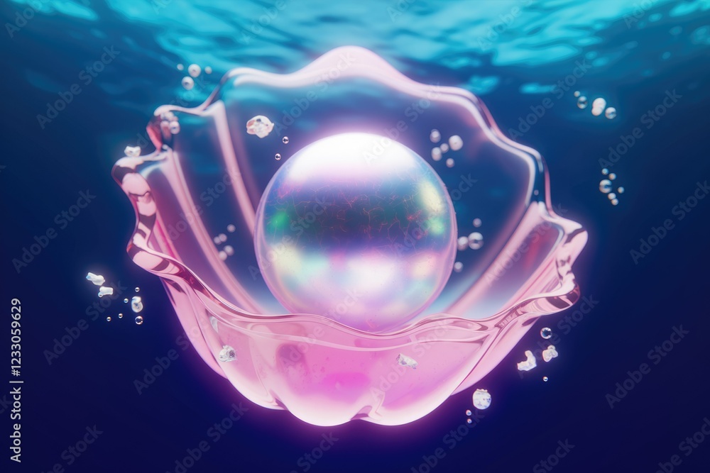 Poster a luminous pearl rests within a pink, translucent seashell, submerged in an ocean of deep blue.