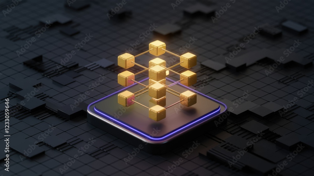 Poster Interconnected golden cubes on a dark circuit board, representing data network and blockchain technology.