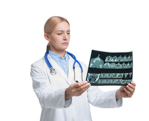 Doctor examining x-ray image of paranasal sinuses on white background