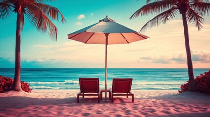 Obraz premium photo A cinematic tropical beach sunset scene. lounge chairs are under a beach umbrella, art.