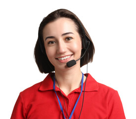 Technical support call center. Portrait of smiling operator on white background