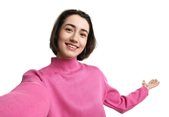 Cheerful woman welcoming friends or guests via video call on white background