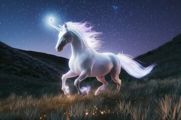 A majestic white unicorn with a glowing horn gallops across a starlit field.