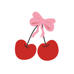 cartoon illustration of two red cherries adorned with a pink bow on a white background, perfect for sweet-themed designs, stationery, or playful accessories