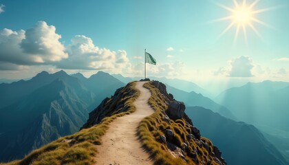 Winding path ascends mountain peak with flag. Scenic mountain landscape with flag on summit. Inspiring view of distant mountains. Sunny day with clouds. Adventure destination. Travel concept.