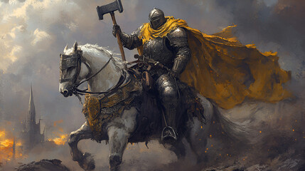 Naklejka premium Artistic Style Painting of A Knight Riding on the Horse Aspect 16:9