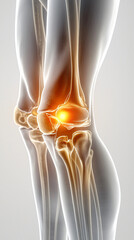 A realistic 3D model of a knee joint with emphasis on damaged areas, illustrating joint pain and discomfort, on a stark white background.