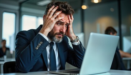 Stressed middle-aged Caucasian businessman struggles with computer problem. Looks upset, frustrated. Holds head in hands, probably due to headache tech issues, working on laptop in office. Appears